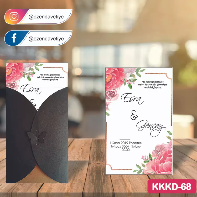 ozen-davetiye-Düğün Davetiyesi - Kahverengi Kelebekli Kraft Zarflı Davetiye Model No:68